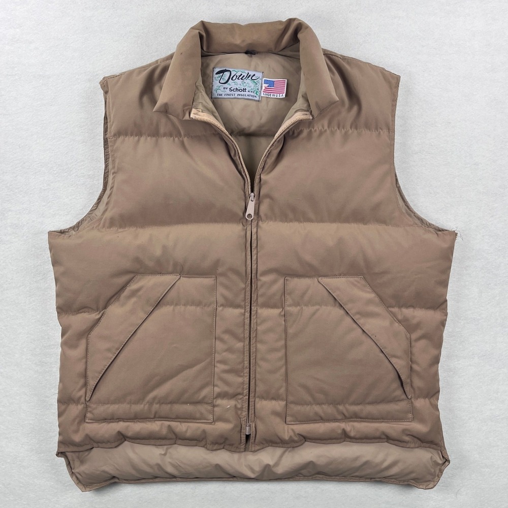 Schott NYC Vintage Mens XL Down Puffer Vest Tan Brown Quilted Made in USA Zip Up